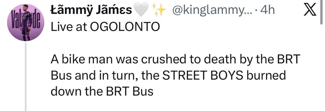 Mob sets BRT bus on fire after driver allegedly fatally crushed a motorcycle rider in Ikorodu